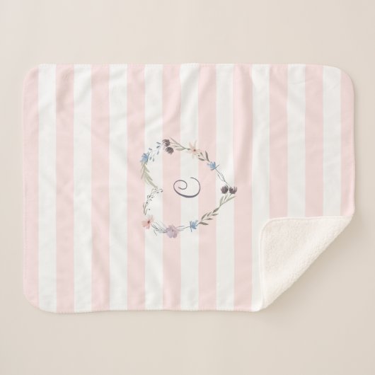 Pastel Roze stripes Floral Heart Monogram Sherpa Deken (Voorkant (horizontaal))