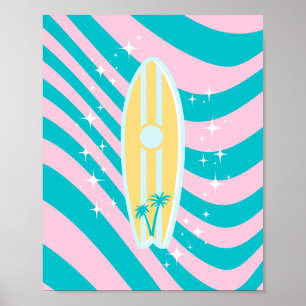Pastel roze surfplank, strandkunst, tropische vibe poster