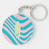 Pastel roze surfplank, strandkunst, tropische vibe sleutelhanger (Achterkant)