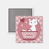 Pastel roze tartan mand met schattig wit kitten magneet (Voorkant / Achterkant)