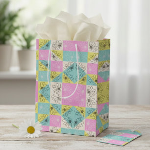 Pastel Roze Teal & Crème Geruite Bloemmotief Medium Cadeauzakje