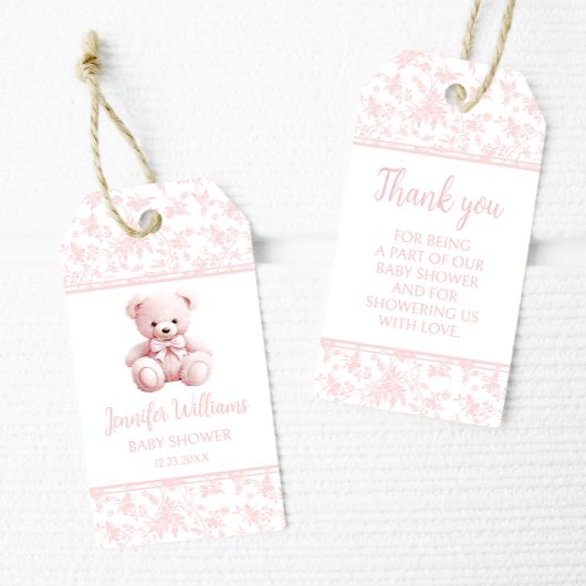 Pastel roze teddybeer baby meisje douche dank u cadeaulabel