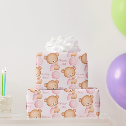 Pastel roze teddybeer baby shower cadeaupapier (Feestgeschenken)