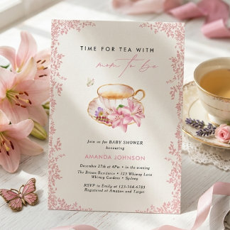 Pastel Roze Tijd voor thee Aanstaande moeder baby Kaart