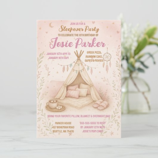 Pastel Roze Tipi Sleepover verjaardagsfeestje Kaart (Staand voorkant)