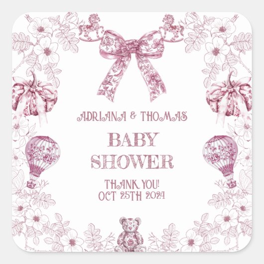 Pastel Roze Toile Preppy Baby shower Vierkante Sticker (Voorkant)