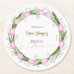 Pastel Roze Tulp & Baby’s Breath Bruids Krans Ronde Kartonnen Onderzetter