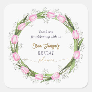 Pastel Roze Tulp & Baby's Breath Bruids Krans Vierkante Sticker
