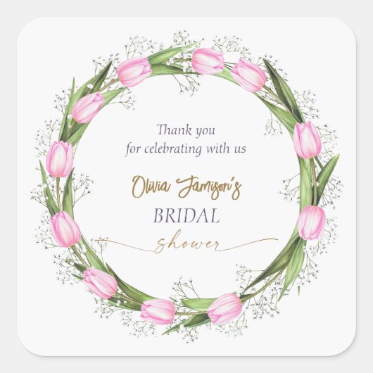 Pastel Roze Tulp & Baby's Breath Bruids Krans Vierkante Sticker (Voorkant)