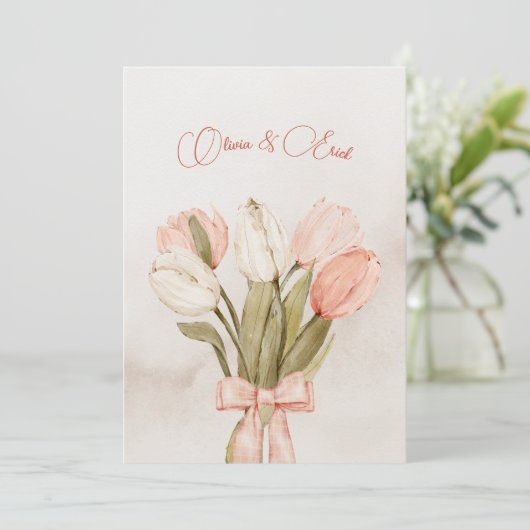 Pastel roze Tulpen bloemen boog bruiloft Kaart (Staand voorkant)
