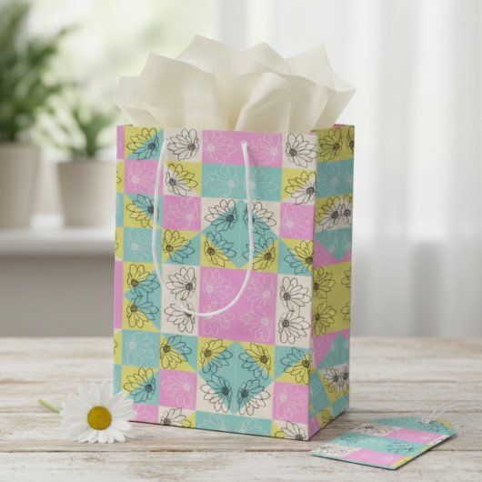 Pastel Roze Turquoise & Crème Geruit Bloemmotief Medium Cadeauzakje