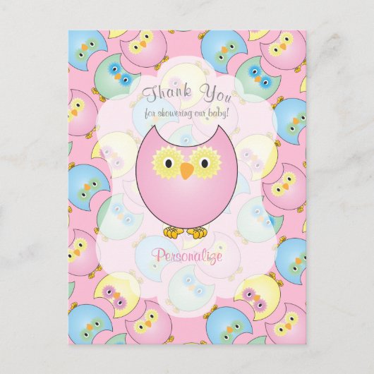 Pastel Roze Uil Meisje Baby Shower Thema Briefkaart (Voorkant)
