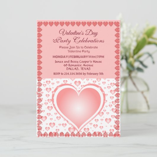 Pastel Roze Valentijnsdag Party Raining Hearts Kaart (Staand voorkant)