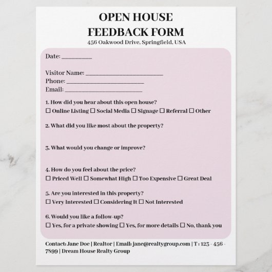 Pastel Roze Vastgoed Open Huis Feedback Formulier Flyer (Voorkant)