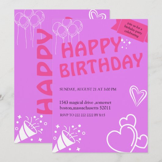 Pastel Roze Verjaardag Bliss uitnodigingen (Voorkant / Achterkant)