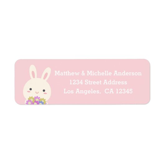 Pastel roze verkuilt Kawaii Bunny Rabbit met bloem Etiket (Voorkant)