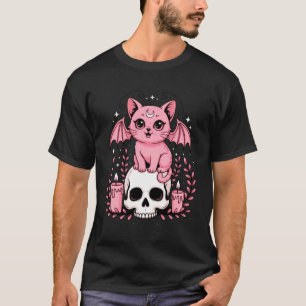 Pastel Roze Vleermuis Cute Kat met Schedel Hallowe T-shirt