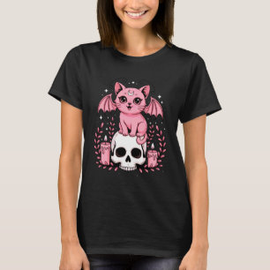 Pastel Roze Vleermuis Cute Kat met Schedel Hallowe T-shirt