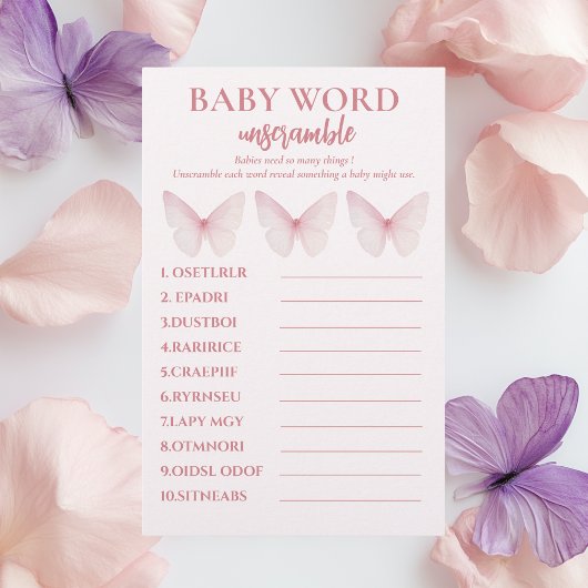 "Pastel Roze Vlinder Baby shower Woord Unscramble Flyer