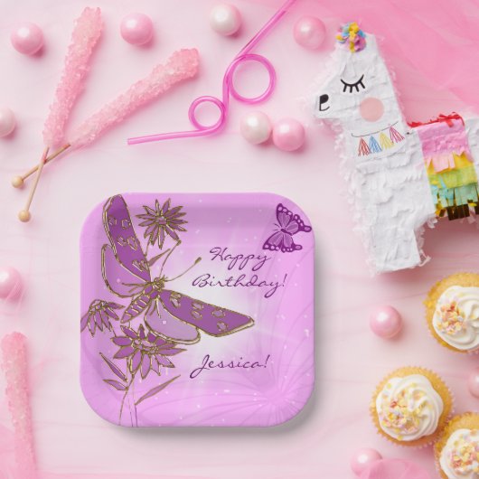 Pastel Roze Vlinder Papieren Bordje (Feest)