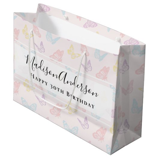  Pastel Roze Vlinder Print Happy Birthday Groot Cadeauzakje (Voorkant Gekanteld)