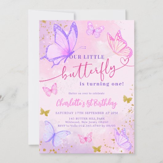 Pastel Roze Vlinder Verjaardag Uitnodiging (Voorkant)