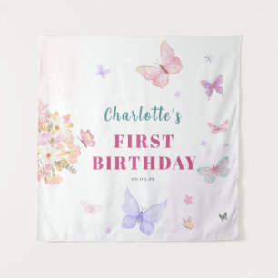Pastel roze vlindertje verjaardagsachtergrond wandkleed