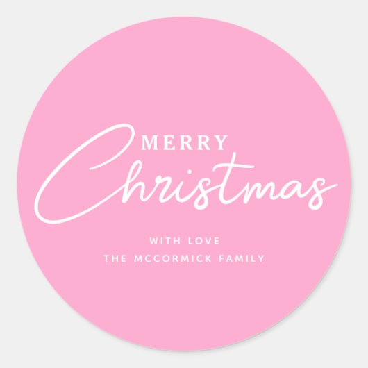 Pastel Roze Vrolijk Kerstmis Script Naam Ronde Sticker (Voorkant)