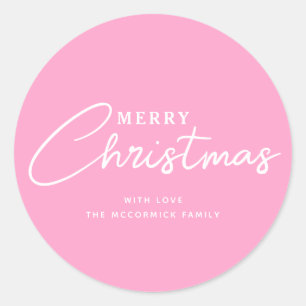 Pastel Roze Vrolijk Kerstmis Script Naam Ronde Sticker