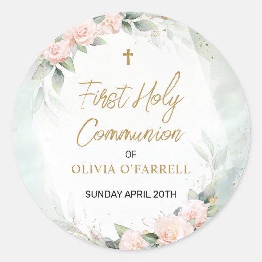 Pastel Roze Waterverf Bloemen Eerste Heilige Commu Ronde Sticker (Voorkant)