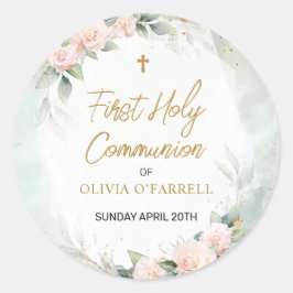 Pastel Roze Waterverf Bloemen Eerste Heilige Commu Ronde Sticker