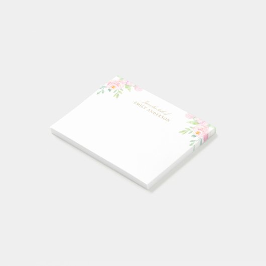Pastel Roze Waterverf Bloemen Gepersonaliseerde na Post-it® Notes (Schuin)