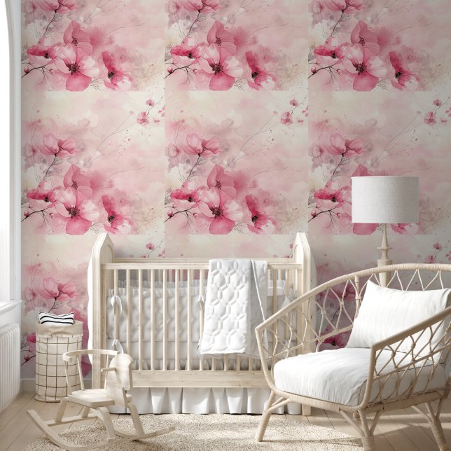 Pastel Roze Waterverf Bloemen Kinderkamer Decor Behang (Kinderen)