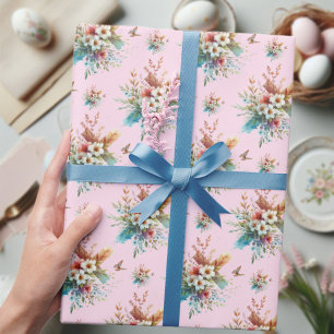 Pastel Roze Waterverf Bloemenkruis Pasen Cadeaupapier