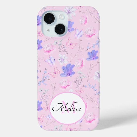 Pastel Roze Waterverf Bloemige Vlinders Monogram Case-Mate iPhone Case (Achterkant)