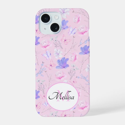 Pastel Roze Waterverf Bloemige Vlinders Monogram iPhone 15 Case (Achterkant)