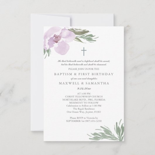 Pastel roze Waterverf Florals Twin Baptisme Kaart (Voorkant)