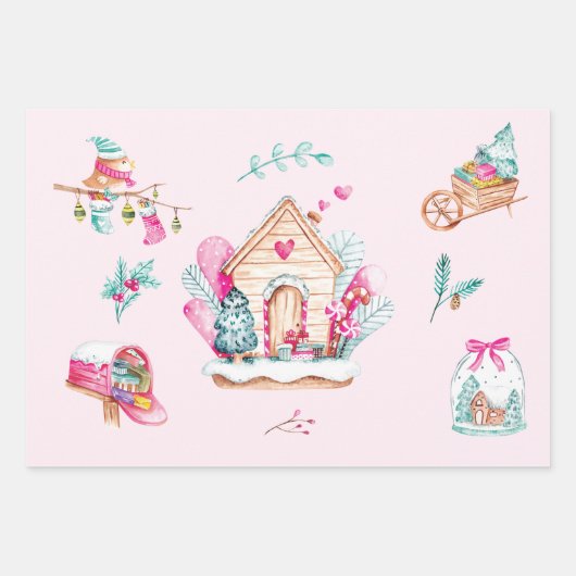 Pastel Roze Waterverf Kerstmis Inpakpapier Vel (Voorkant 3)