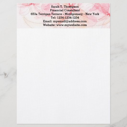 Pastel Roze Waterverf Letterhead Briefhoofd Ontwerp (Voorkant)
