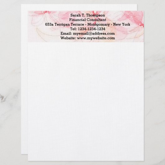 Pastel Roze Waterverf Letterhead Briefhoofd Ontwerp (Voorkant / Achterkant)