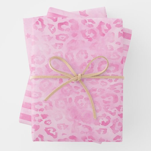 Pastel Roze Waterverf Luipaard Strepen Sterren Pri Inpakpapier Vel (In situ)