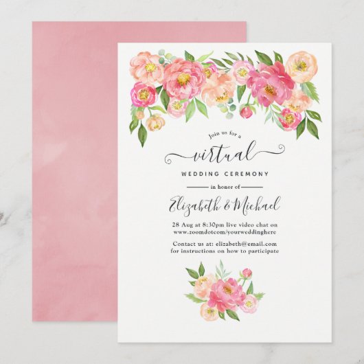 Pastel roze Waterverf online virtueel huwelijk Kaart (Voorkant / Achterkant)