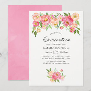 Pastel Roze Waterverf Pioenrozen Quinceañera Kaart