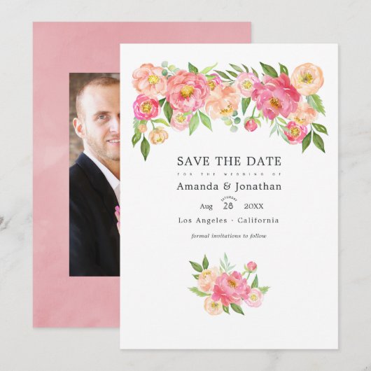 Pastel Roze Waterverf Pioenrozen Trouwfoto Save The Date (Voorkant / Achterkant)