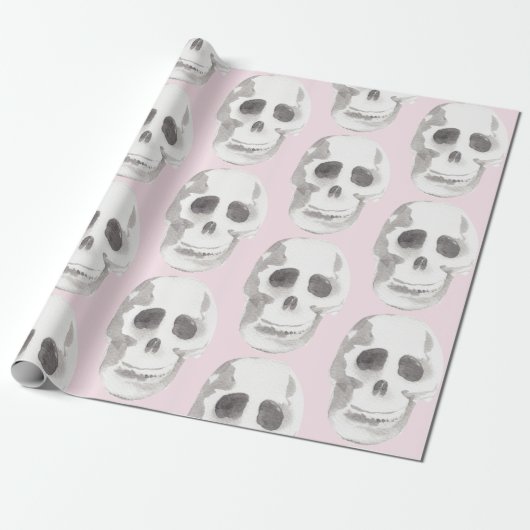 Pastel Roze Waterverf Schedel Halloween Cadeaupapier (Uitgerold)