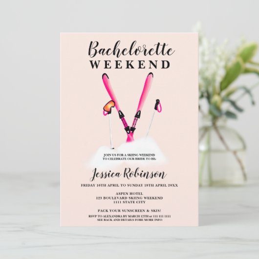 Pastel roze waterverf skizakweekend kaart (Staand voorkant)