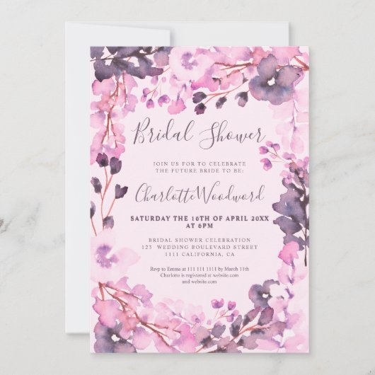 Pastel roze waterverf vrijgezellenfeest paars kaart (Voorkant)