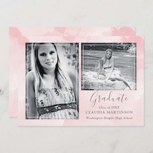 Pastel Roze Waterverf Was multi-foto Afstuderen Aankondiging (Voorkant / Achterkant)