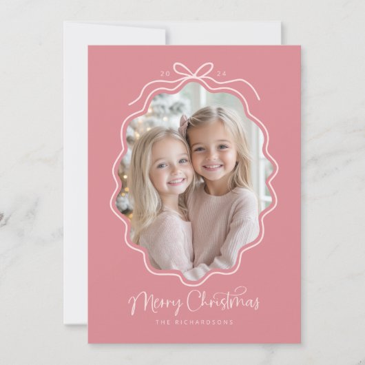 Pastel Roze Wavy Retro Foto Kerst Feestdagenkaart (Voorkant)