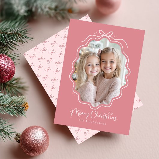 Pastel Roze Wavy Retro Foto Kerst Feestdagenkaart